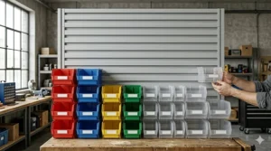 Heavy-duty Akro-Mils storage bins being mounted onto a grey steel louvered wall panel for customizable tool storage.