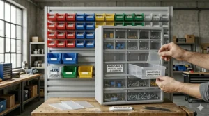 An Akro-Mils multi-drawer storage cabinet with clear drawers being organized with internal dividers for small parts.