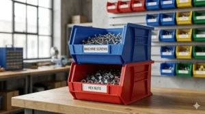 Two red and blue Akro-Mils storage bins stacked securely on top of each other to save vertical shelf space on a wooden workbench.