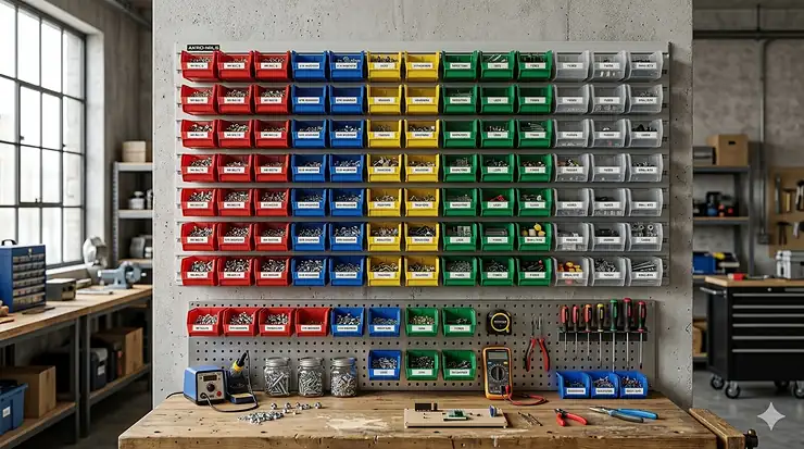 A wall-mounted rack filled with colorful Akro-Mils storage bins used for organizing small hardware parts in a workshop. akro mils storage bins