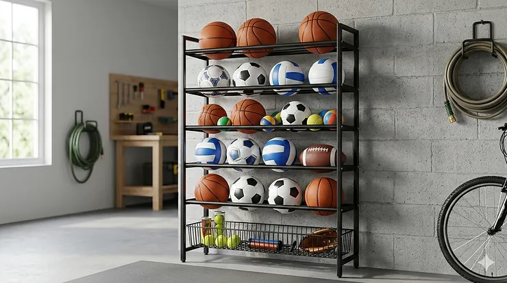 Heavy-duty vertical ball storage rack holding basketballs and soccer balls in a clean garage. ball storage rack for garage