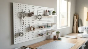A beginner-friendly pegboard accessories set highlighting essential J-hooks, L-hooks, and small plastic bins for craft room organization.