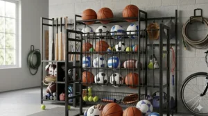 Close-up of a ball storage rack using flexible bungee cords to keep basketballs securely in place.