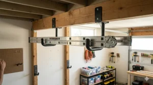 Overhead view of a multi-purpose ladder stored using ceiling-mounted ladder hooks for garage storage.