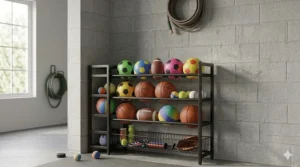 Low-profile ball storage rack at kid-friendly height for organizing youth soccer and playground balls.