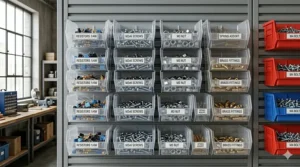 Transparent Akro-Mils storage bins showing visible electronic components like resistors and brass fittings.