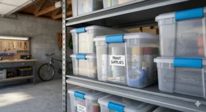 Close-up of clear Sterilite storage bins with blue latches used for organizing paint supplies in a garage.