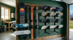 A minimalist ski and snowboard rack designed for small apartments or narrow hallways.