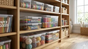 Transparent storage containers with lids holding colorful craft supplies for easy identification.