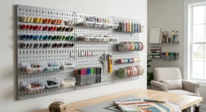 A photorealistic 4K image of a Wall Control metal pegboard system configured for a craft room, neatly organizing colorful spools of thread, paint bottles, and various crafting tools.