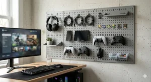 A photorealistic 4K image showing a modern office and gaming desk setup using a grey Wall Control metal pegboard system to organize headphones, cables, and controllers.