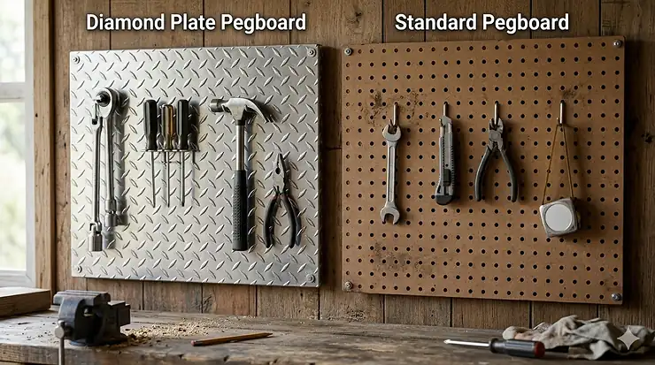 A side-by-side comparison showing a rugged silver diamond plate pegboard and a traditional brown wood-fiber standard pegboard. diamond plate pegboard vs standard