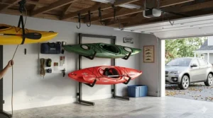 Portable freestanding kayak storage rack for garage floors with space for two boats.