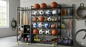 Multi-tiered garage rack storing a variety of sports gear including footballs, volleyballs, and helmets.
