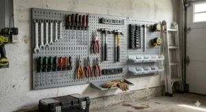 A photorealistic close-up of a rugged Wall Control metal pegboard system installed in a functional home garage, holding assorted hand tools and hardware in a concrete wall setting.
