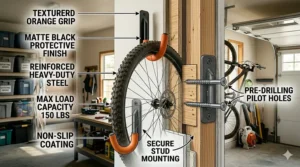 Vertical wall storage using heavy duty garage hooks to hang a mountain bike by the wheel.