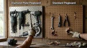 Heavy power tools hanging securely on a polished aluminum diamond plate pegboard to demonstrate weight capacity.