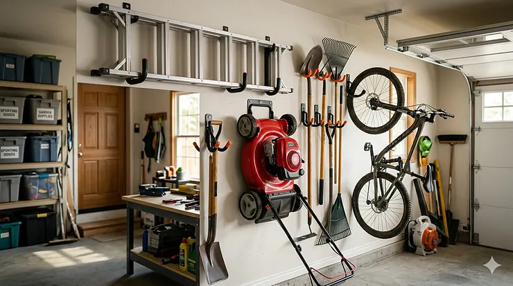 A neatly organized garage wall featuring heavy duty garage hooks holding various tools and ladders.