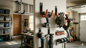 Wall-mounted heavy duty garage hooks organized with cordless drills and saws.