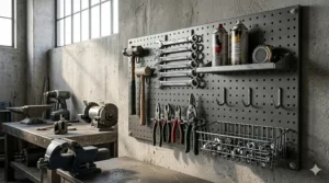 Industrial grade pegboard accessories set made of galvanized steel including heavy-duty hammer holders and double-prong hooks for workshop tools.