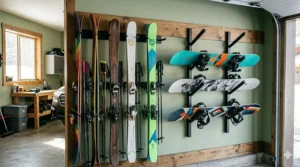 Illustration of a powder-coated steel rack holding heavy winter sports equipment to demonstrate weight capacity.