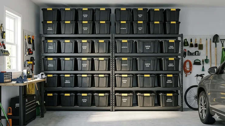 Photorealistic 4K image of black and yellow heavy-duty storage totes organized on industrial shelving in a bright garage.