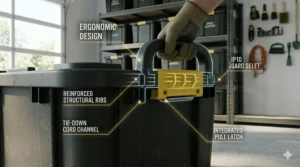 Close-up 4K photorealistic infographic illustrating the ergonomic handle and integrated latching system of a heavy-duty storage tote for easy lifting.