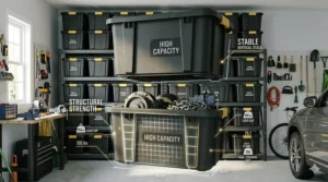 Photorealistic 4K infographic illustrating the high weight capacity of a reinforced heavy-duty garage storage tote loaded with industrial chains and metal parts.