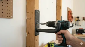 Close-up of a drill securing a ladder hook into a wooden wall stud in a garage.