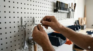 A person easily rearranging hooks from a pegboard accessories set to demonstrate the flexibility of the mounting system.