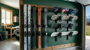 Diagram showing how to secure a snowboard storage rack into wall studs for maximum stability.