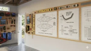 Diagram showing the standard dimensions of a DIY kayak storage rack for garage walls.