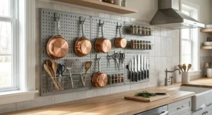 A photorealistic 4K image showing a modern kitchen where a grey Wall Control metal pegboard system is used as a functional pot rack and tool organizer on a tiled backsplash.