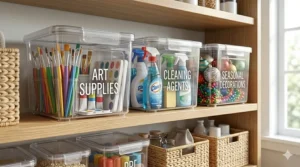 Clear storage bins with lids featuring adhesive labels for a customized home organization system.