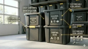 Close-up 4K photorealistic infographic illustrating customizable, weatherproof labeling systems on heavy-duty storage totes with specific icons.