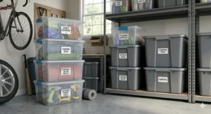 Large capacity Sterilite stacker totes holding bulky sports equipment and power tools on a garage floor.