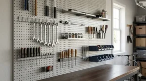 An overhead view showing how a pegboard accessories set maximizes vertical wall space to declutter a small workbench area.