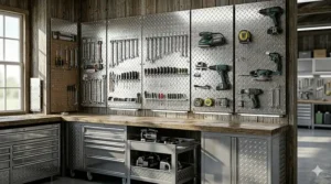 A sleek, organized modern garage featuring high-shine diamond plate pegboard panels for a professional look.