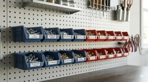 A modular pegboard accessories set using color-coded bins to organize nuts, bolts, and small hardware for easy visual identification.