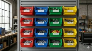 A variety of Akro-Mils plastic storage bins in red, blue, green, and yellow for color-coded inventory management on a louvered panel.