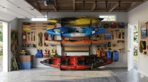 Tiered kayak storage rack for garage capable of holding four kayaks and paddles.
