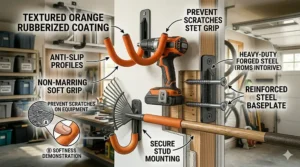 Close-up illustration of the anti-slip rubber coating on heavy duty garage hooks to prevent scratches.