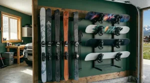 Illustration of an overhead ceiling-mounted rack for long-term off-season ski and snowboard storage.