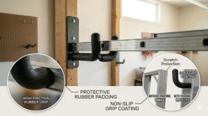 Detail shot of the non-slip rubber coating on ladder hooks for garage storage to prevent frame scratches.