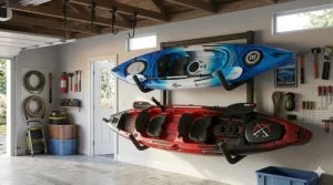 Steel wall-mounted kayak storage rack for garage featuring protective foam padding.