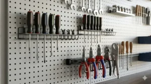 Close-up of specialized components within a pegboard accessories set, featuring a multi-slot screwdriver rack and a dedicated pliers holder.