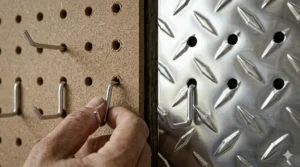 Standard 1/4 inch pegboard hooks being inserted into both metal diamond plate and standard pegboard holes.