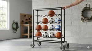 Portable ball storage rack with wheels for easy transport across a garage floor or driveway.