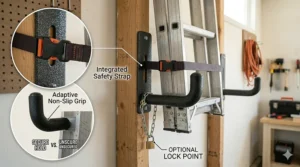 A garage ladder hook with a safety strap or locking mechanism to prevent accidental falls.