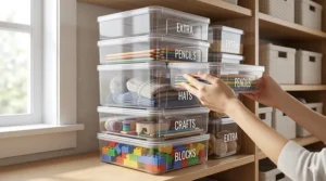 An illustration showing how clear storage bins with lids stack securely to save vertical space in small closets.